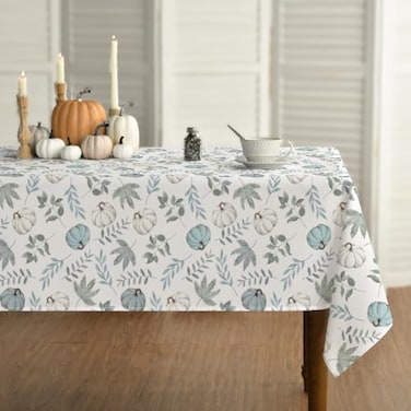 Horaldaily Fall Tablecloth 60x84 Inch Rectangular Thanksgiving Autumn Harvest Blue Pumpkins and Leaves Table Cover for Party Picnic Dinner Decor