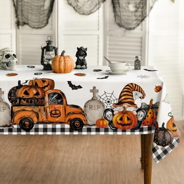 Horaldaily Halloween Tablecloth 60x84 Inch Rectangular Ghost Pumpkin Washable Table Cover for Party Picnic Dinner Decor