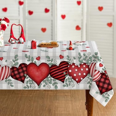 Horaldaily Valentine Tablecloth 6084 Inch Rectangle Buffalo Plaid Red Love Hearts Washable Table Cover for Party Picnic Dinner Decor