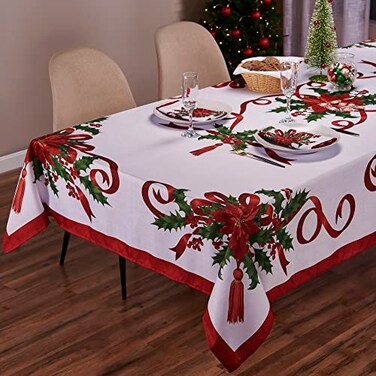 Kadut Christmas Ribbon Tablecloth 60 x 102 Inch for 6 Foot Rectangle Tables Heavy Duty Fabric Stain Proof Xmas Ribbon Table Cloth for Harvest Holiday and Fall Christmas Dinner