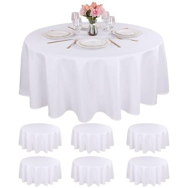 Kesfey 6 Packs Round Tablecloth 70 Inches White Polyester Table Cloths Stain and Wrinkle Resistant Tablecloths for Round Tables Washable Circle Fabric Tablecovers for Wedding Camping Banquet Parties
