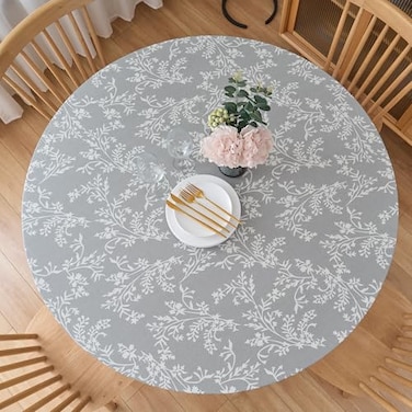 LIBERECOO Round Fitted Tablecloth with Elastic Flannel Backed Vinyl Tablecloths for 40 44 Tables Waterproof Wipeable Reusable Plastic Table Cloth for Indoor Outdoor Urban Fog