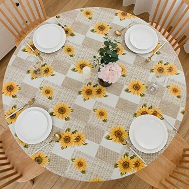LIBERECOO Round Vinyl Fitted Tablecloth with Flannel Backing Elastic Edge Table Cover Waterproof StainResistant Wipeable Tablcloths Fits 4556 Round Tables