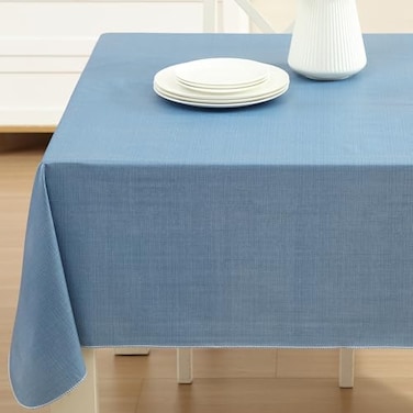 Lintex Cafe Hotel Linen Look Vinyl Flannel Backed Tablecloth Heavyweight 4 Gauge 52 x 70 Inch Rectangle Chambray Blue Indoor Outdoor Waterproof Wipe Clean Table Cover
