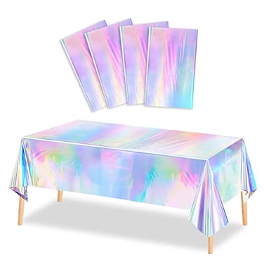 MADLYN RHUE 4 Pack Iridescence Plastic Tablecloths Shiny Disposable Laser Table Covers 54 x 108 Sequin Holographic Foil Tablecloths for Birthday Wedding Party Picnic Buffet Holiday Decorations
