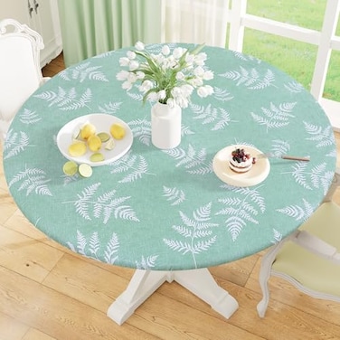misaya Round Fitted Tablecloth with Elastic Edge Waterproof Oil Proof Plastic Table Cover Vinyl Flannel Backed Tablecloth Fits 3644 Round Tables for Dinner Outdoor Picnic Light Green Leaves
