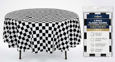 Oojami Pack of 4 Black White Checkered Flag Table Cover Party Favor Checkered Tablecloth Disposable Checkered Racing Table Cover 78 Round