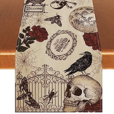 Rvsticty Retro Halloween Table Runner Halloween Gothic Skull Tablecloth Day of The Dead Roses Skull Decor Halloween Decorations and Supplies for Home Kitchen Table1372