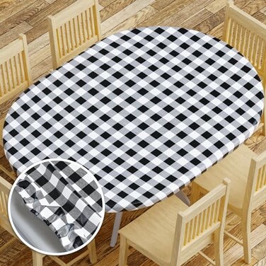 Sorfey Vinyl Fitted Tablecloth Cover Checke Design Flannel Backed Lining Fits Tables Upto 48x68 OvalOblong Black