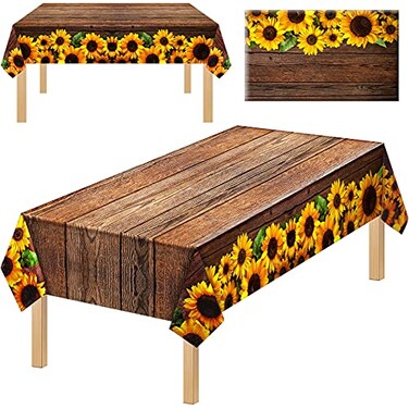Tegeme 1 Pcs Disposable Sunflower Tablecloth 425 x 708 Inch Wood Grain Plastic Rustic Vintage Rectangle Table Covers Countryside Outdoor Tablecloth for Dinning Table Kitchen Party Banquet