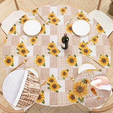 UMINEUX Round Fitted Vinyl Tablecloth with Elastic Edged Flannel Backing Waterproof Wipeable Round Table Cover for Indoor Outdoor Patio Use Fits Tables up to 45 56 DiameterSunflower