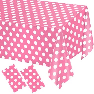 WNINK 2 Pack Pink and White Polka Dot Tablecloths Pink Disposable Plastic Waterproof Table Cover 54 x 108 for Birthday Wedding Bridal Shower Bachelor Pink Girl Party and Picnic