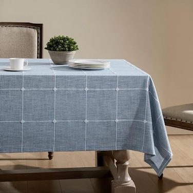 ZeeMart Grid Embroidered Hemmed Tablecloths Blue 60x84 Inch Farmhouse Style Heavy Weight Cotton Linen Dusty Blue Tablecloths Boho Plaid Water Resistant Rectangle Table Cloth