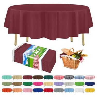 ZIMPLEWARE Premium Burgundy Plastic Table Cloth Disposable 12 Pack Round Tablecloth 84in Party Table Cloths Disposable Perfect Table Cloth Round Cover for Any Table Up to 6 Feet