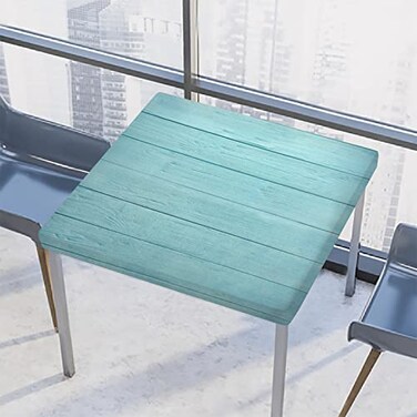 AUUXVA Beach Wooden Square Tablecloth with Elastic Edge Turquoise 34x34 Inch Polyester Waterproof Fitted Table Cover for Dining Kitchen Party Wedding Brunch Buffet BBQ Baby Shower Patio