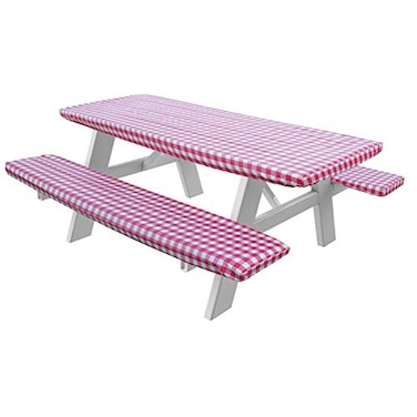 HomeCrate Checkered 72 Inch Picnic Table and Bench Fitted Tablecloth Cover 3Piece Red
