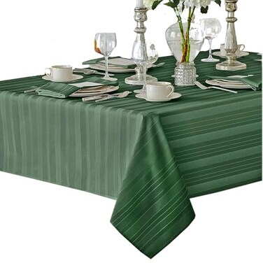 Newbridge Hunter Green Satin Stripe Fabric Tablecloth 60 x 144 Inch Rectangle Elegant Woven Stripe Wrinkle Resistant Reusable Polyester Table Cover