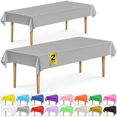 DecorRack 2 Rectangular Tablecloths BPAFree Plastic 54 x 108 Inch Disposable or Reusable Table Cover for Parties Picnic Outdoor Silver 2 Pack Individually Wrapped