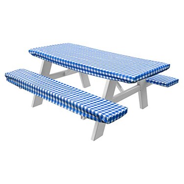 HomeCrate Checkered 72 Inch Picnic Table and Bench Fitted Tablecloth Cover 3Piece Blue