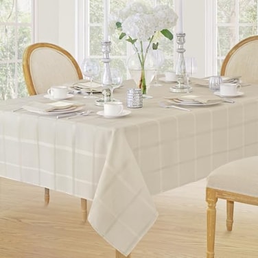 Newbridge 60 x 102 Inch Rectangle Fabric Tablecloth Elegance Plaid 100 Polyester No Iron Soil Resistant Dining Room Party and Banquet Table Cover Solid Textured Beige