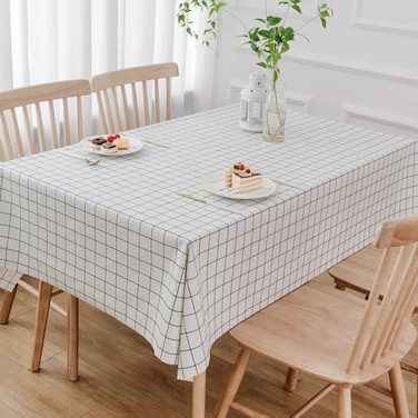 TruDelve Heavy Duty Vinyl Table Cloth Plastic Tablecloths for Kitchen Dining Tables Wipeable PVC Waterproof Tablecloth for Rectangle Table 54 x 72 White Plaid