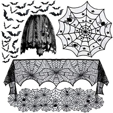 Tayfremn 5pack Halloween Decorations Tablecloth Runner Black Lace Round Spider Cobweb Table Cover Fireplace Mantel Scarf Spiderweb Fireplace Scarf Spider Lampshade with 36pcs Scary 3D Bat for Hallowee