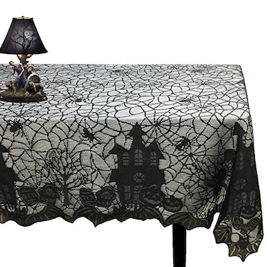 Joysail Halloween Tablecloth Gothic Black Lace Spider Web Table Cover for Halloween Masquerade Dinner Party Scary Movie Nights Table Decorations 53x68 Inches