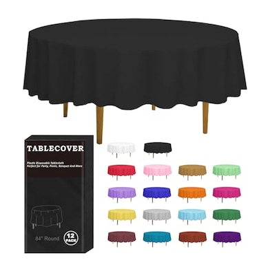 D&amp;Z DZ Plastic Table Cloth Disposable 12 Pack Black Round Tablecloth Individually Wrapped for IndoorOutdoor 84 Inch Table Cover for Party Picnic Birthday Wedding Dinner