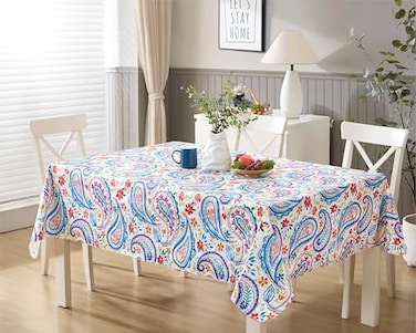 Newbridge Boho Chic Paisley Vinyl Tablecloth with Flannel Backing 52 x 52 Inch Square Blue Red and Pink Floral Print Wipe Clean Table Cover for Dining and Entertaining