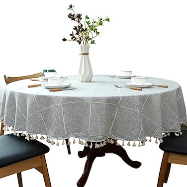 Dimatic Heavyweight Cotton and Linen Tablecloth Plaid Tassel Round Table Cover Suitable for Small Kitchen and Dining Room Tables 30 Inches 40 Inches in Diameter Round Grey