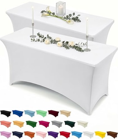 Utopia Kitchen Spandex Tablecloth 2 Pack 6FT White Tight Fitted Washable and Wrinkle Resistant Stretch Table Cloth Rectangle Cover for Trade Show Weddings Parties 72Lx30Wx30H Inch