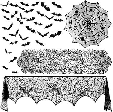 ZeeDix 39 Pcs Halloween Decorations Kit Black Lace Spiderweb Round Tablecloth Table Runner Giant Spider Cobweb Fireplace Scarf with 36PCS Scary 3D Bats Wall Stickers for Halloween Party Decor