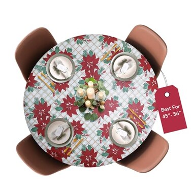 Covers For The Home Deluxe Elastic Edged Flannel Backed Vinyl Fitted Table Cover Christmas Flower Pattern Large Round Oblong Oval Fits Tables up to 45 56 Diameter