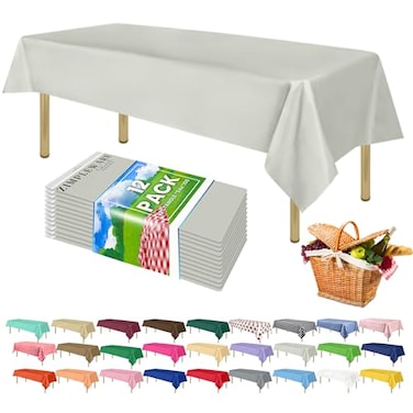 ZIMPLEWARE Premium Light Grey Plastic Table Cloth Disposable 12 Pk Plastic Tablecloths for Rectangle Tables 54in x 108in Party Table Cloths Disposable for 6ft to 8ft Rectangle Tables