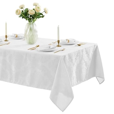 Newbridge Barcelona Luxury Damask Fabric Tablecloth 70 Extra Wide x 144 Rectangle White 100 Polyester No Iron Soil Resistant Dining Room Party and Banquet Table Cover