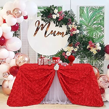 Fanqisi Red Rosette Tablecloth Satin Raised Rosettes 50 x102 Inches 3D Rose Floral Satin Rectangle Tablecloths for Wedding Banquet Party Baby Shower Sweet Cake