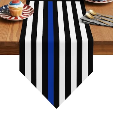 ALAGEO Thin Blue Line Table Runner USA Flag July 4th Kitchen Table Cloth Law Enforcement Thin Blue Line Tablecloth Dresser Scarves for Independence Day Gatherings Police Party Decorations 13 x70