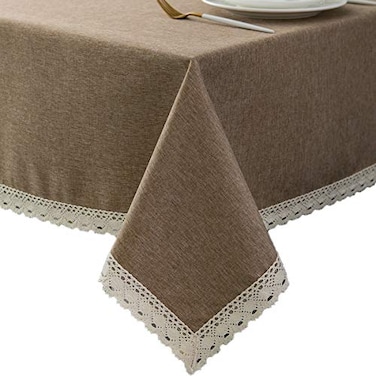 EHouseHome Faux Linen Tablecloth with Lace Trim WaterproofSpill ProofStain ResistantWrinkle FreeOil Proof for Banquet Parties DinnerKitchenWeddingCoffeeHolidayFlaxRectangle 52x70Inch