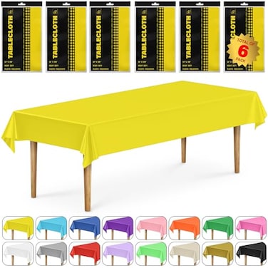 DecorRack 6 Rectangular Tablecloths BPAFree Plastic 54 x 108 inch Dining Table Cloth Rectangle Table Cover for Parties Picnic Camping and Outdoor Disposable or Reusable Yellow 6 Pack
