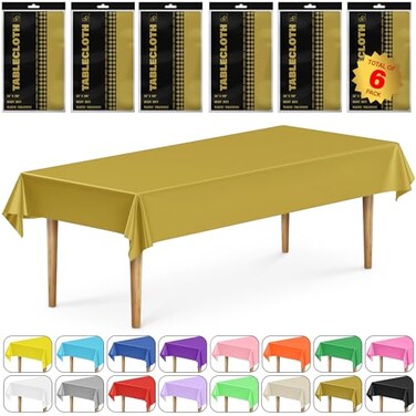 DecorRack 6 Rectangular Tablecloths BPAFree Plastic 54 x 108 inch Dining Table Cloth Rectangle Table Cover for Parties Picnic Camping and Outdoor Disposable or Reusable Gold 6 Pack