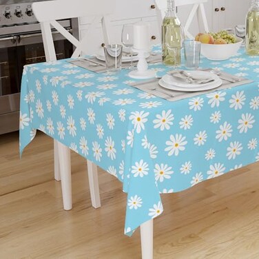 Encasa XO Dining Tablecloth 56x72 6 ft for 4 to 6 Seater Cotton Machine Washable Table Cloth Rectangular Table Tablecloths for Wedding Party Buffet Everyday Use Daisy Blue Print