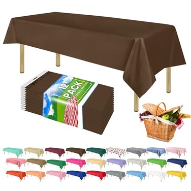 ZIMPLEWARE Premium Brown Plastic Table Cloth Disposable 12 Pk Plastic Tablecloths for Rectangle Tables 54in x 108in Party Table Cloths Disposable for 6ft to 8ft Rectangle Tables