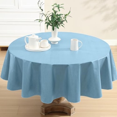 Newbridge Basketweave Vinyl Flannel Backed Tablecloth 70 Inch Round Blue Basket Weave Textured Indoor Outdoor Waterproof Table Cover for Patio Kitchen Dining
