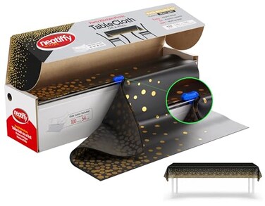 Neatiffy Disposable Plastic Table Cloth Roll with Slide Cutter Waterproof Cover for Rectangle Square Oval Tables Picnic Party Banquet Birthdays Weddings Black with Gold Dots