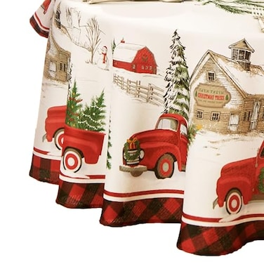 Elrene Home Fashions Vintage Truck Christmas Tree Farm Polyester Tablecloth 70 Round