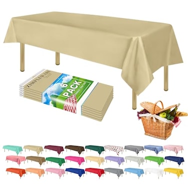 ZIMPLEWARE Premium Beige Plastic Table Cloth Disposable 6 Pk Plastic Tablecloths for Rectangle Tables 54in x 108in Party Table Cloths Disposable for 6ft to 8ft Rectangle Tables