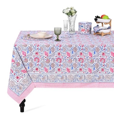 Ridhi Pigeon Blue and Flamingo Pink Hand Block Print Cotton Rectangle Tablecloth 90 x 60 inches Reusable Table Cover Decorative Everyday Use for Dining Room Farmhouse Gift Spring Mothers Day