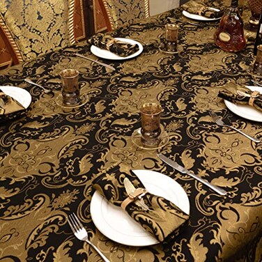 Loom and Mill Luxury Fabric Tablecloth 60 x 104 Inch Damask Jacquard Table Covers with Tassels for Dining Kitchen Tabletop Party Banquet Halloween Holiday DecorationsBlack 60x104in