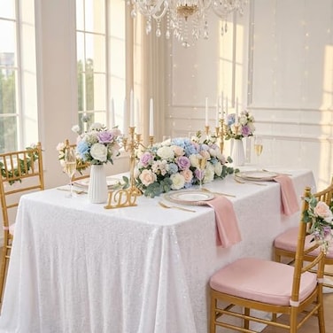 QueenDream White Tablecloth 60x102 Inch Rectangular Sequin Tablecloth for Baby Shower Wedding Banquets or Restaurants
