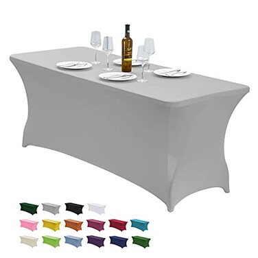CWK 6FT Waterproof Stretch Spandex Table Cover for Rectangular Tables Elastic Fitted Tablecloth for Folding TablesWrinkle Resistant Table Cloth for Parties Weddings Banquets Events Silver